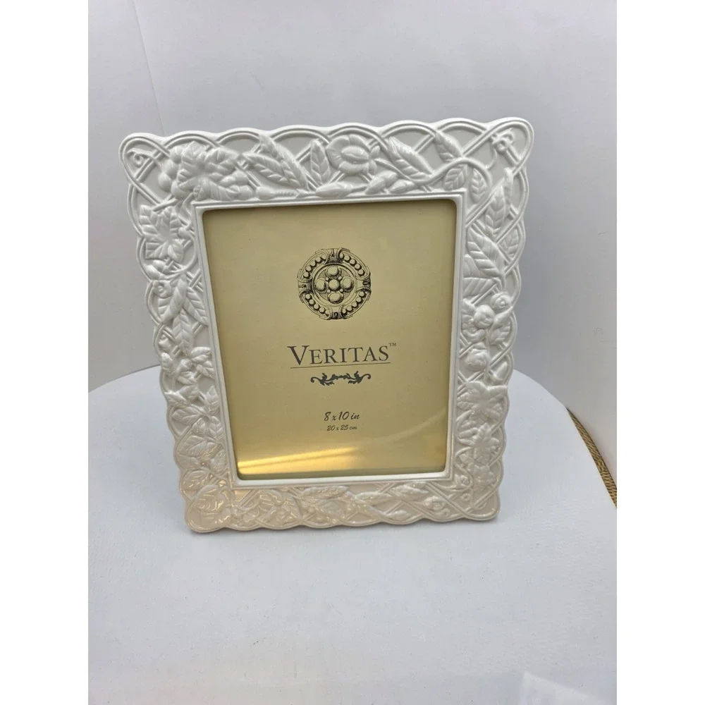 VTG Ivory Ceramic Floral Picture Frame 8x10 Embossed White Shabby Chic 13x11.5